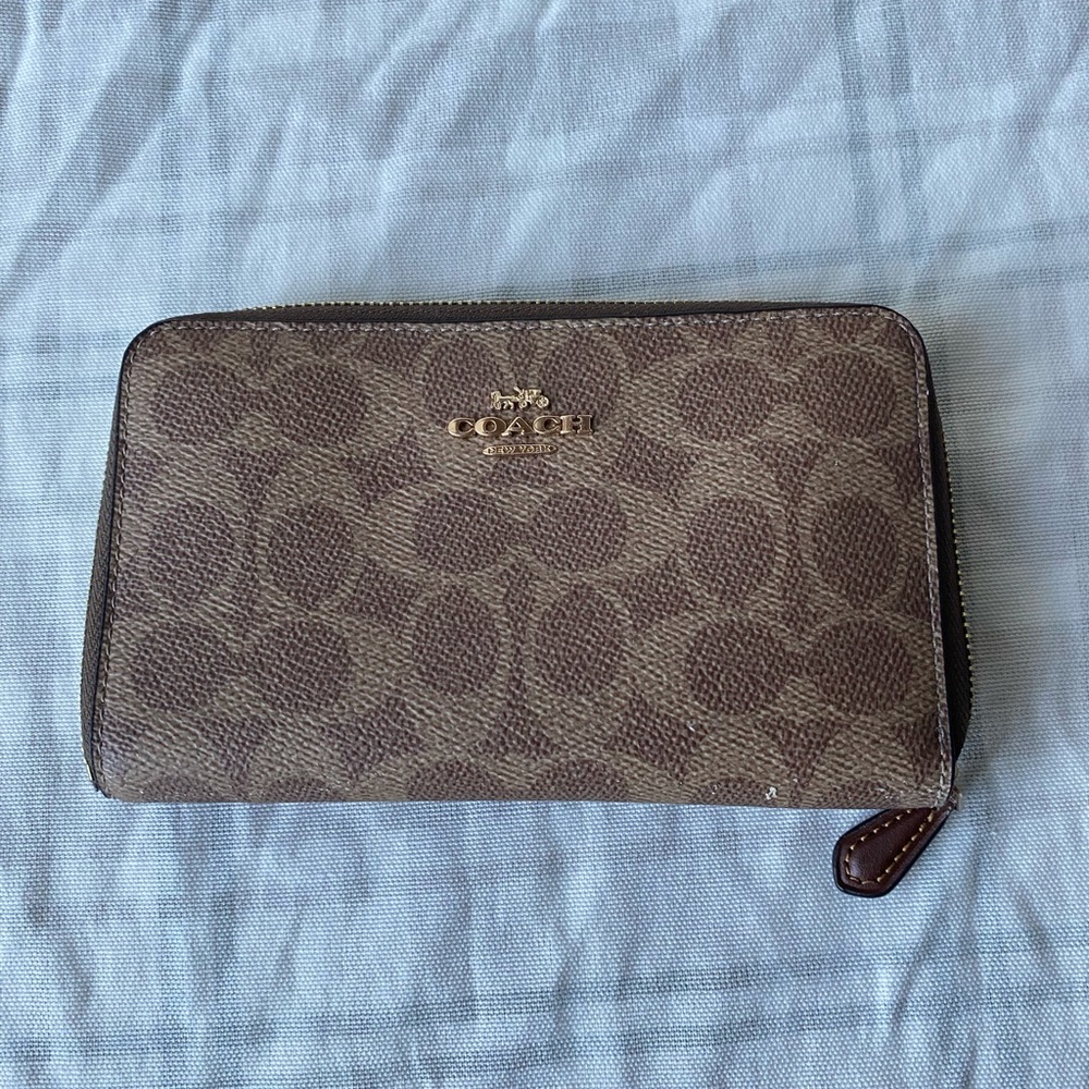 Coach Brown Signature Zip-Around Wallet with Gold Logo